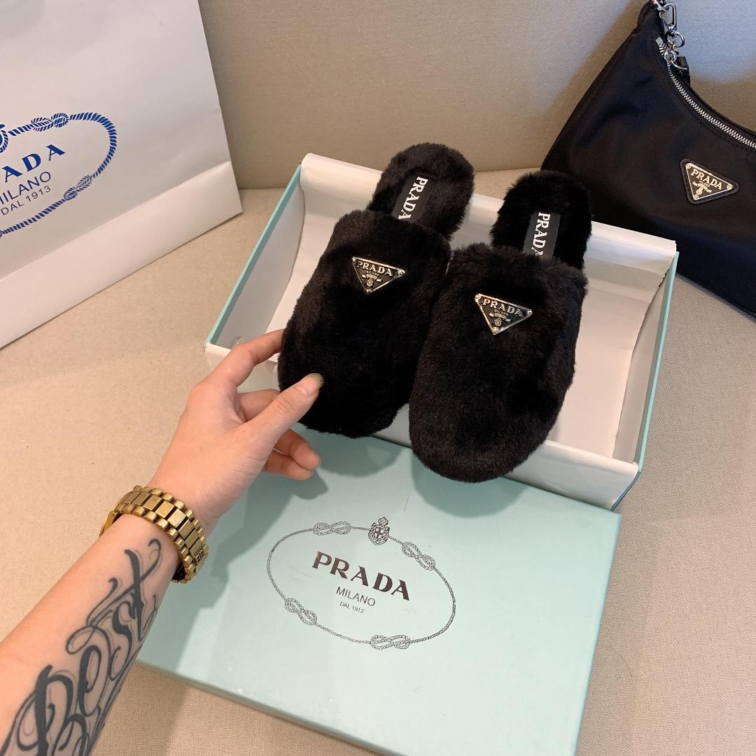 prada trendy wool slippers solid color triangle